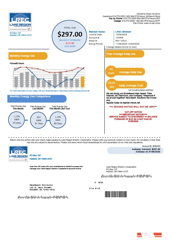 USA Oklahoma LREC Lake Region  business utility bill template in Word and PDF formats